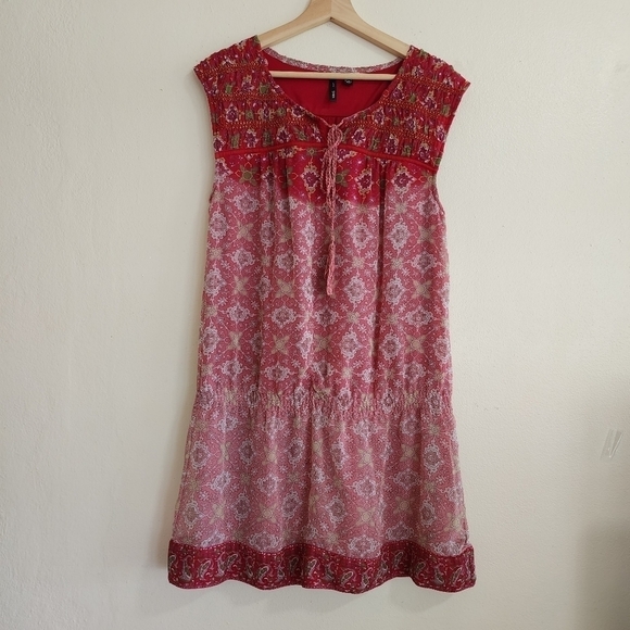 MANGO Boho Beaded Drop Waist Tunic Dress Large - Picture 1 of 10